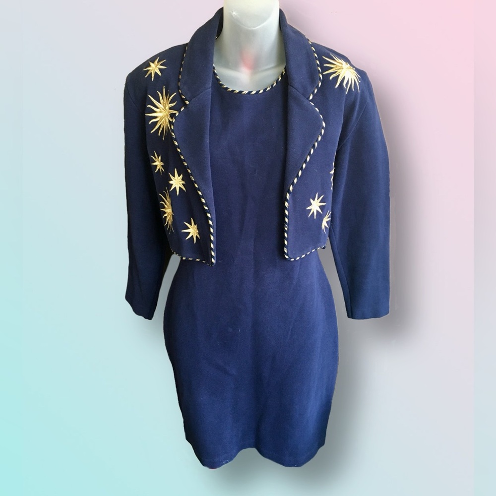 Vintage ANDREA JOVINE Navy Blue Dress & Jacket Set Sz M